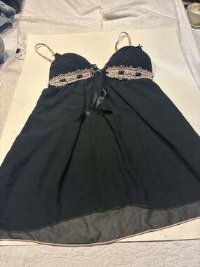 Linea Donatella Black Babydoll Chemise Nightie with Lace and Bow